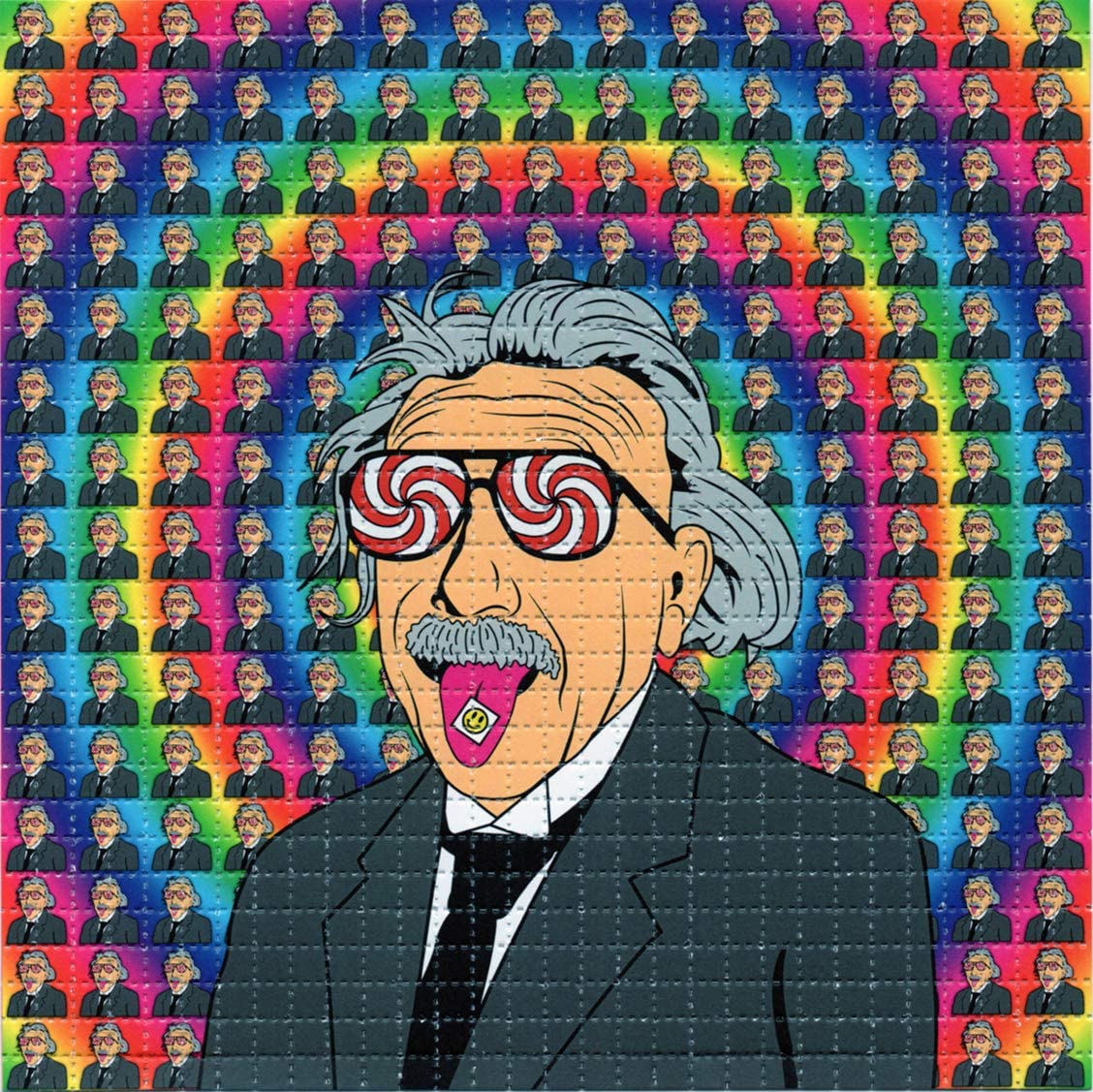 Depiction of sheet of LSD with image of Albert Hofmann with LSD on his tongue