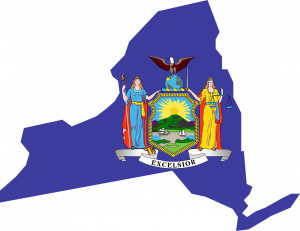 New York state map and seal