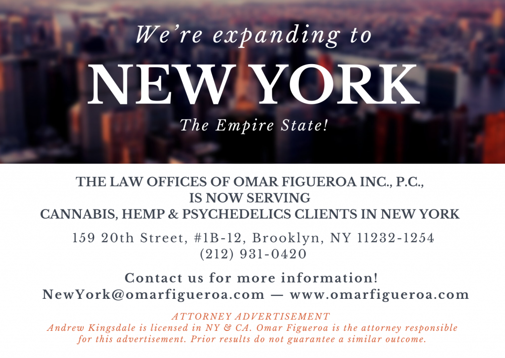 Graphic announcing firm's expansion to New York with contact information.