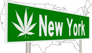 Map of USA with sign that says "New York" next to pot leaf