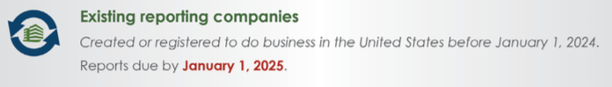 Existing reporting companies. Created or registered to do business in the US before January 1, 2024. Reports due by January 1, 2025.